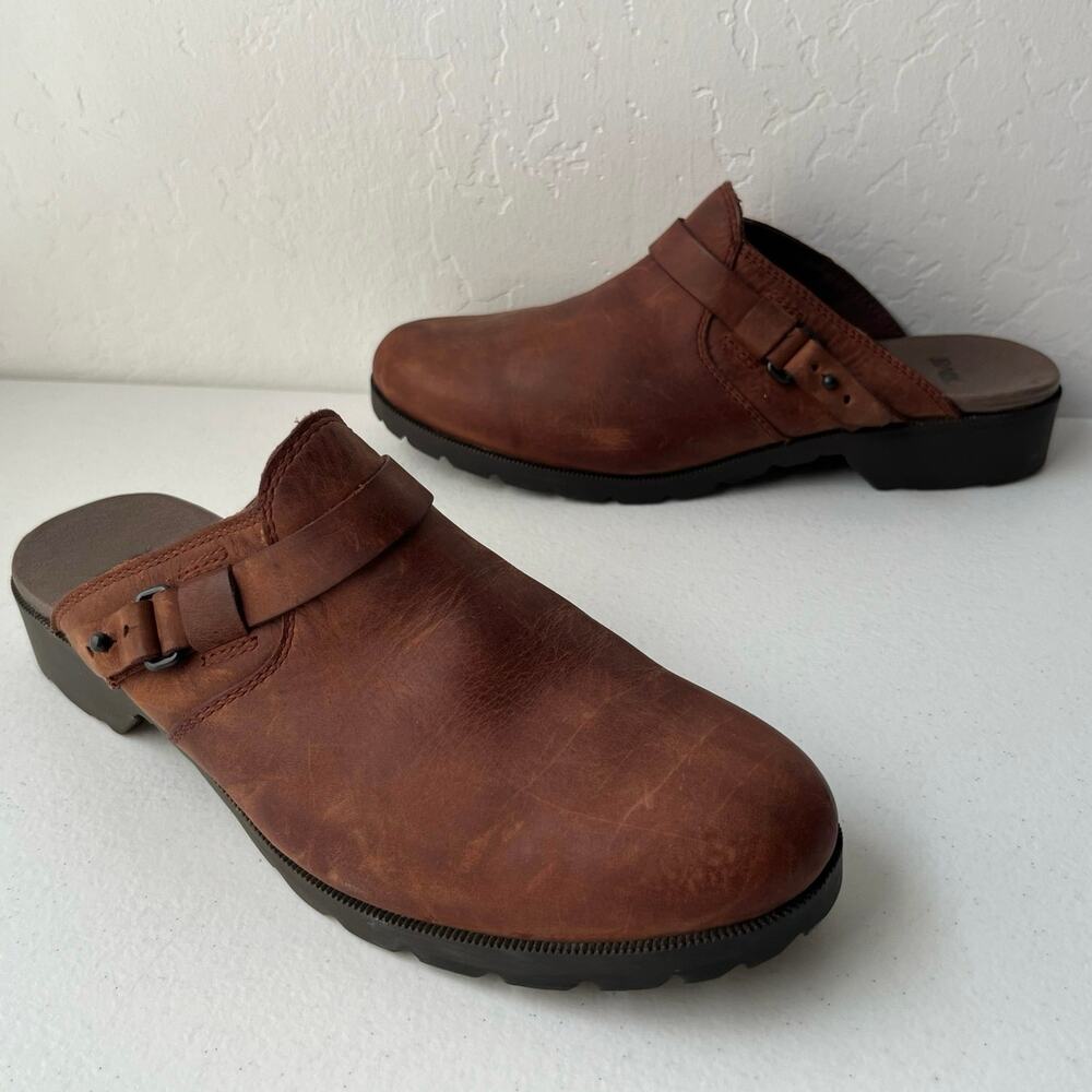 Teva Delavina Leather Mules Clogs Women's 6.5 Brown Slip-On Waterproof Rugged